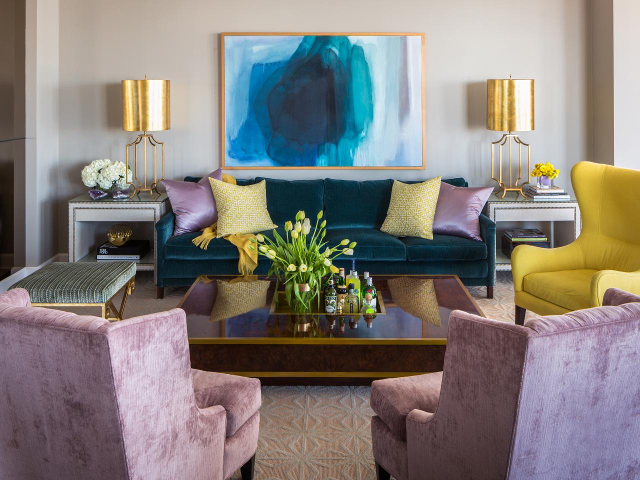 Elegant-Living-Room-Showing-Lilac-and-Yellow-Decoration-with-Blue-Accent