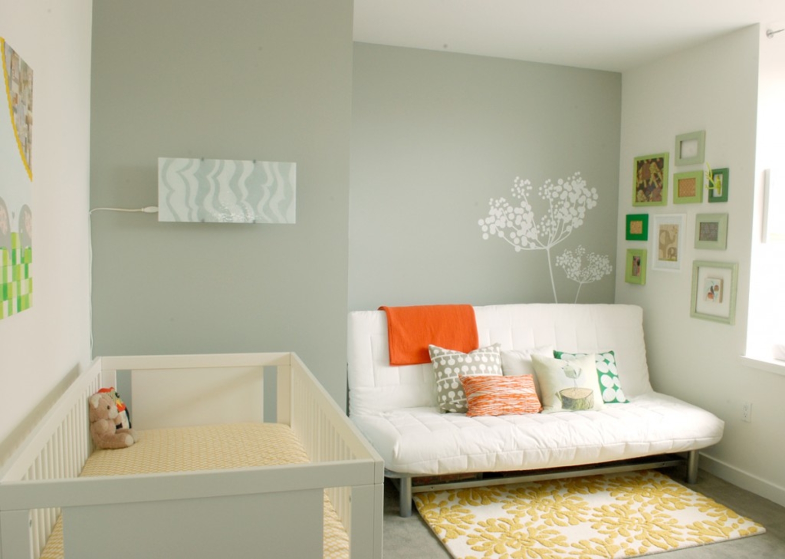 modern-baby-room-ideas-with-white-foamy-seating-plus-cushions-feat-rectangular-wooden-crib-and-yellow-rug