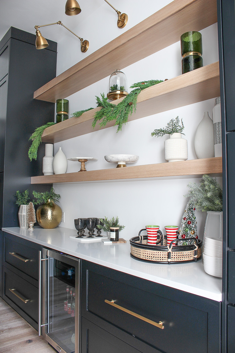 christmas-decorations-butlers-pantry-floating-white-oak-shelves-black-cabinets